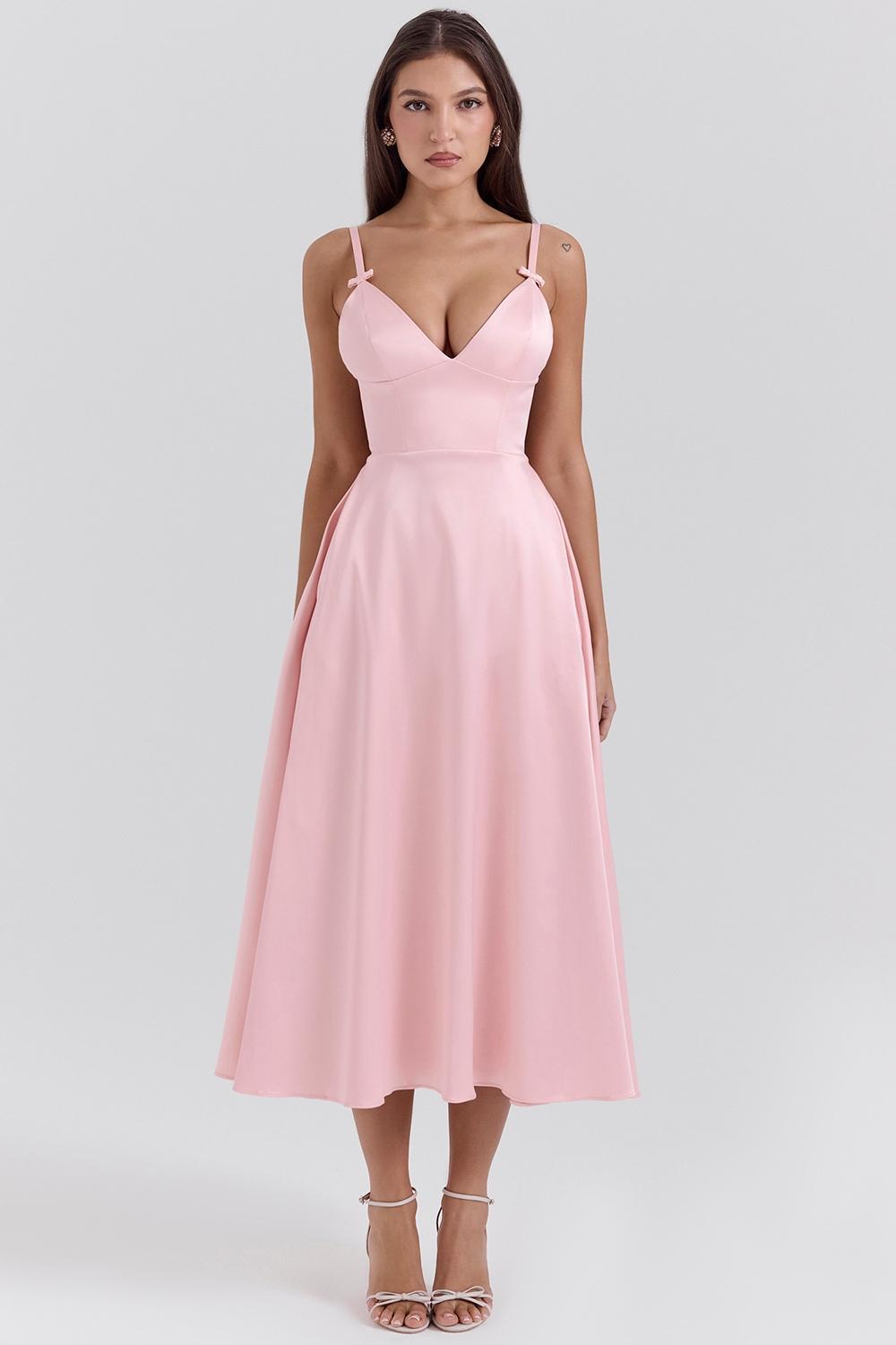 Tiffany Parisian Pink Satin A-Line Midi Dress Product Image