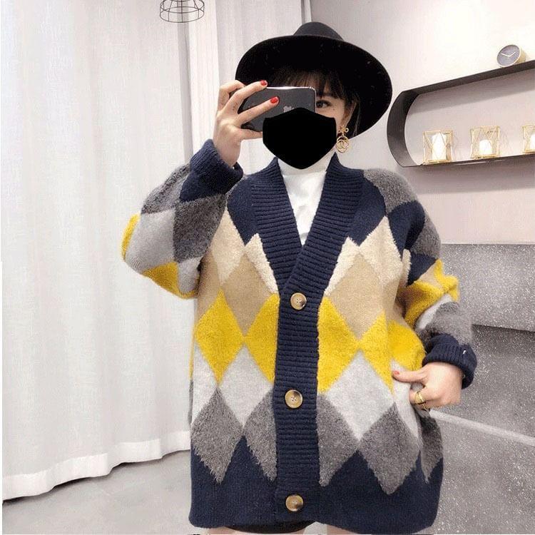 V-Neck Color Block Cardigan Product Image