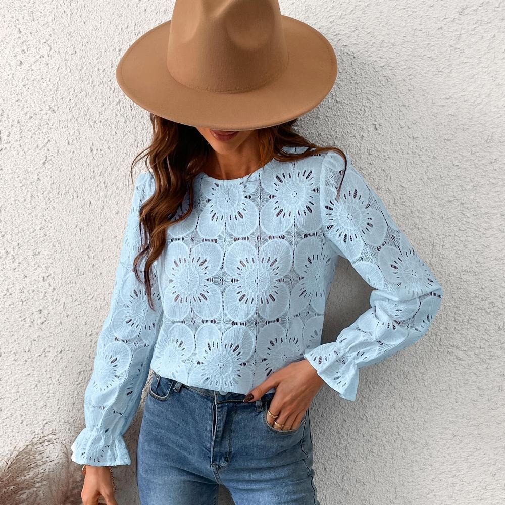 Women's Long Sleeve Embroidered Floral Eyelet Blouse Shirt- Cupshe-XL-Blue Product Image