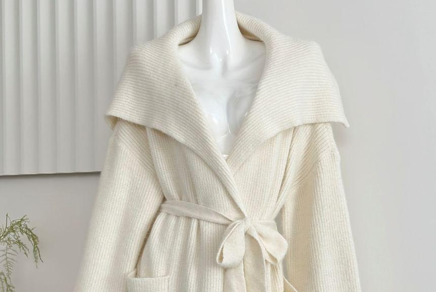 Lapel Collar Sashed Plain Knit Coat Product Image