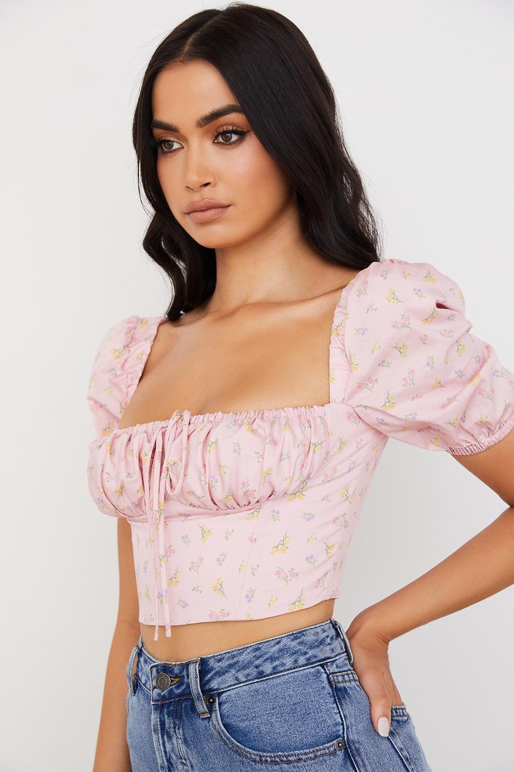 Arianna Pink Floral Puff Sleeve Corset Product Image