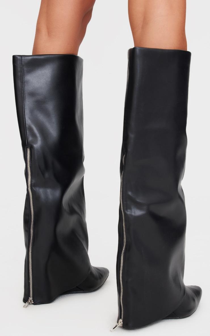 Wide Fit Black PU Fold Over Zip Detail Point Toe Knee High Wedge Heeled Boots Product Image