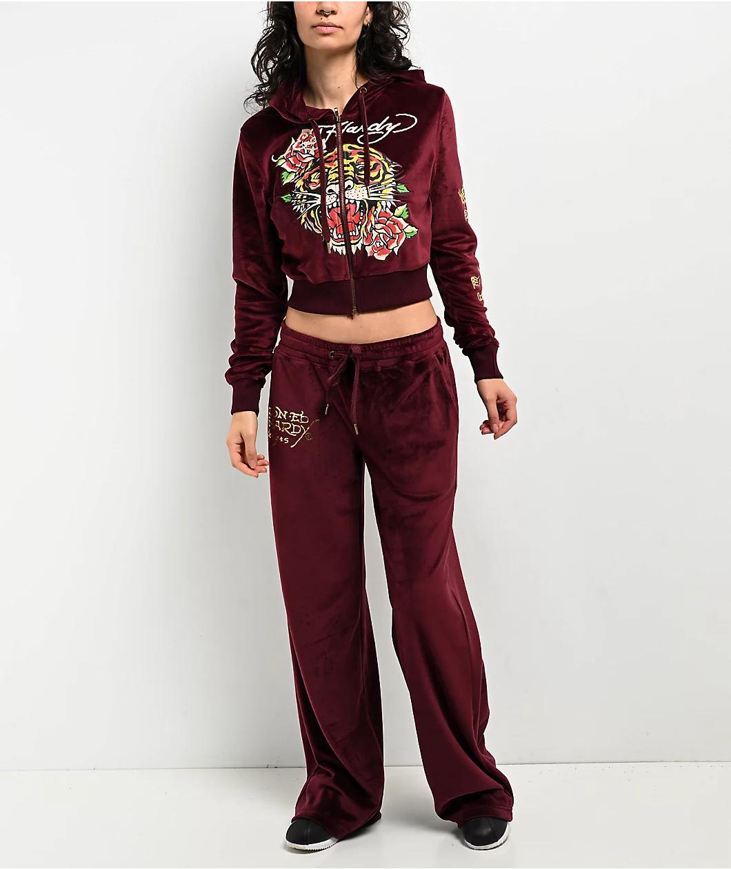 Ed Hardy Retro Tiger Burgundy Velour Crop Zip Hoodie Product Image