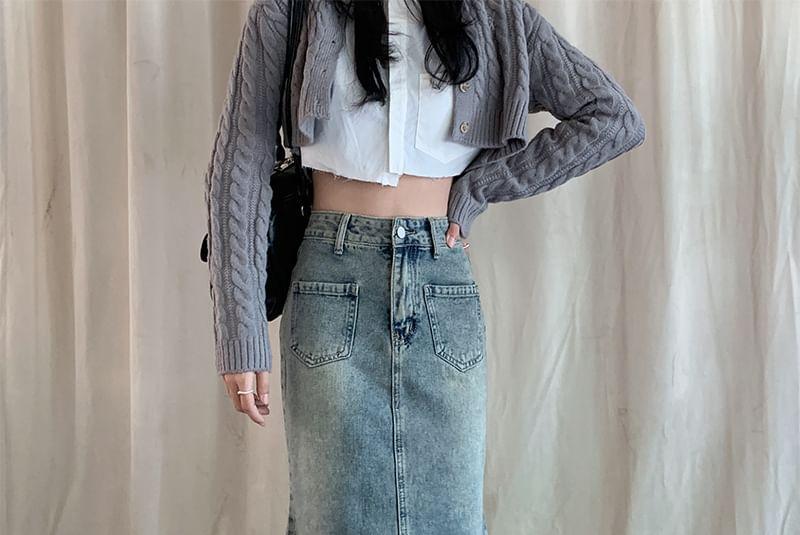 High Waist Washed Denim Midi Mermaid Skirt Product Image