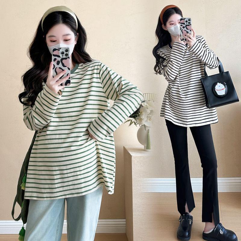 Maternity Long Sleeve Crew Neck Striped Tee Product Image