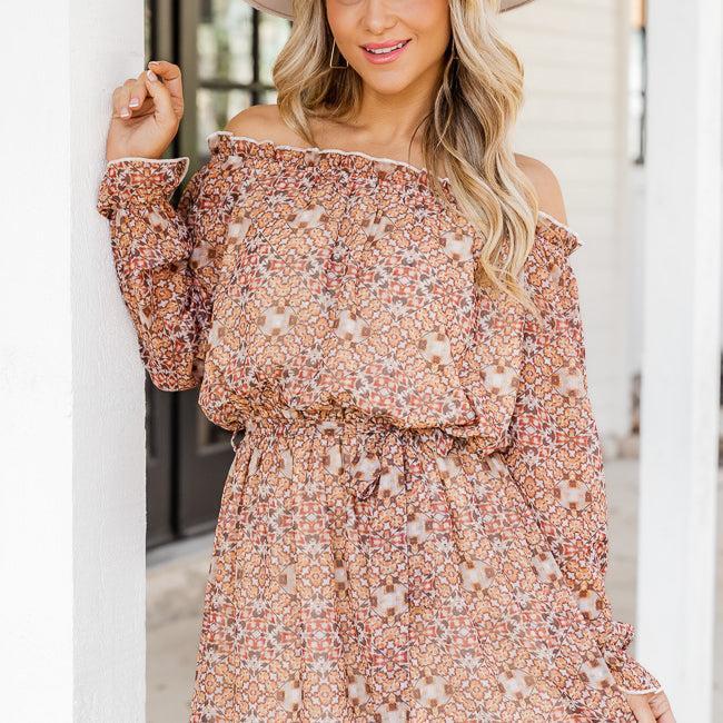 Humble And Kind Beige Floral Off The Shoulder Mini Dress FINAL SALE Product Image