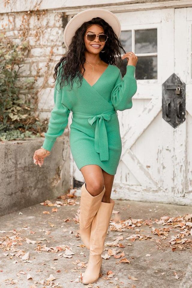 Talk of The Town Green Belted Sweater Dress FINAL SALE Product Image