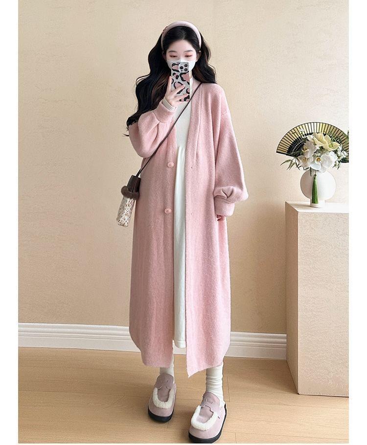 Maternity Long-Sleeve Mock Neck Plain Midi A-Line Knit Dress / V-Neck Button-Up Long Cardigan Product Image