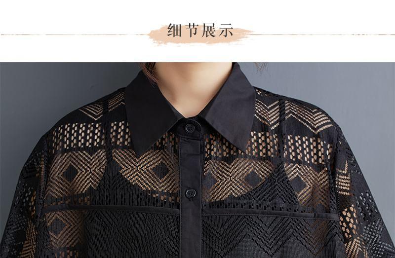 Long-Sleeve Lace Fringed Maxi Shirt Dress Product Image