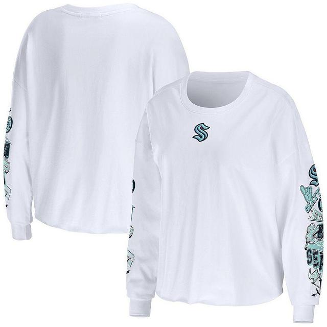 Womens WEAR by Erin Andrews White Seattle Kraken Celebration Cropped Long Sleeve T-Shirt Product Image