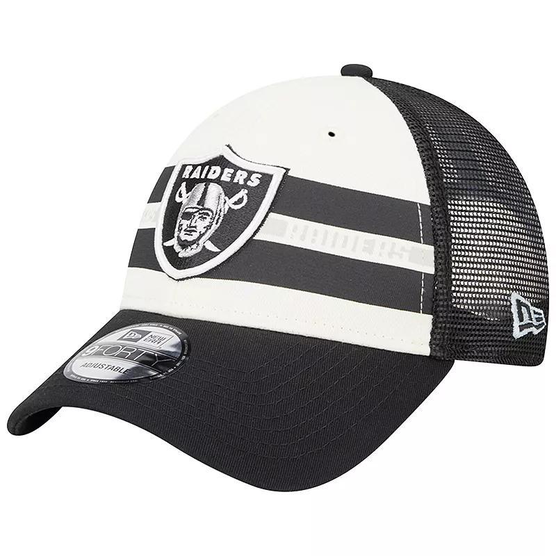 Mens New Era Cream Las Vegas Raiders Team Stripe Trucker 9FORTY Snapback Hat - Cream Product Image