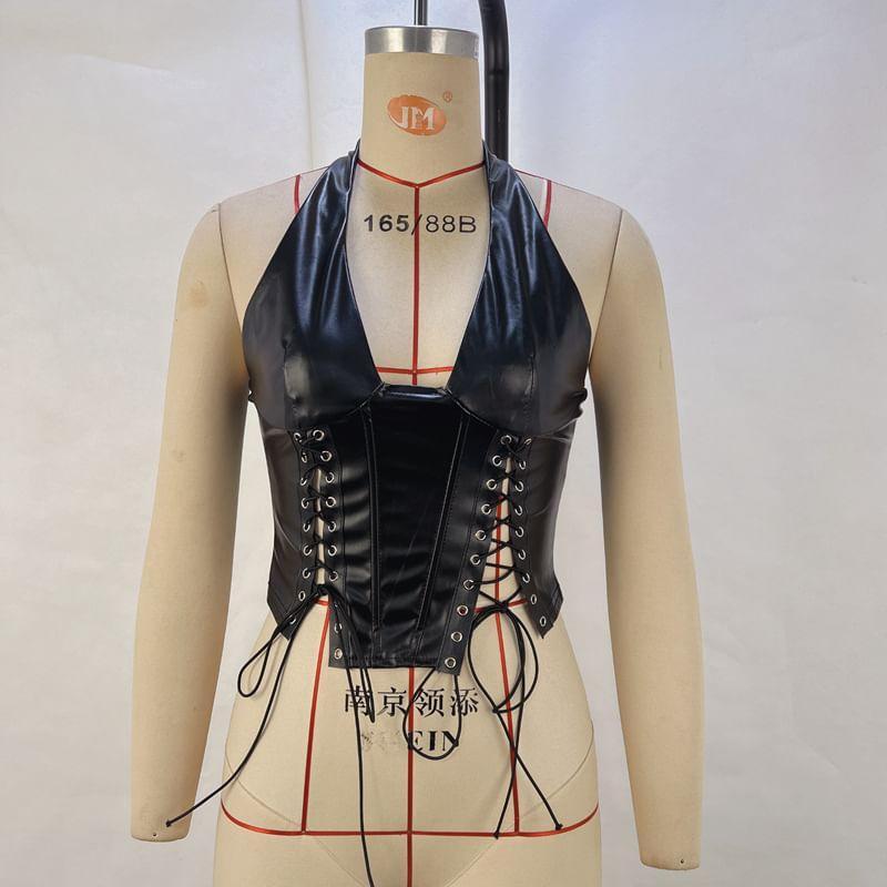 Halter Plain Lace-Up Faux Leather Corset Top Product Image