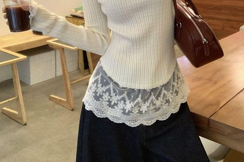 Long-Sleeve Mock Neck Lace Trim Ribbed Top Product Image