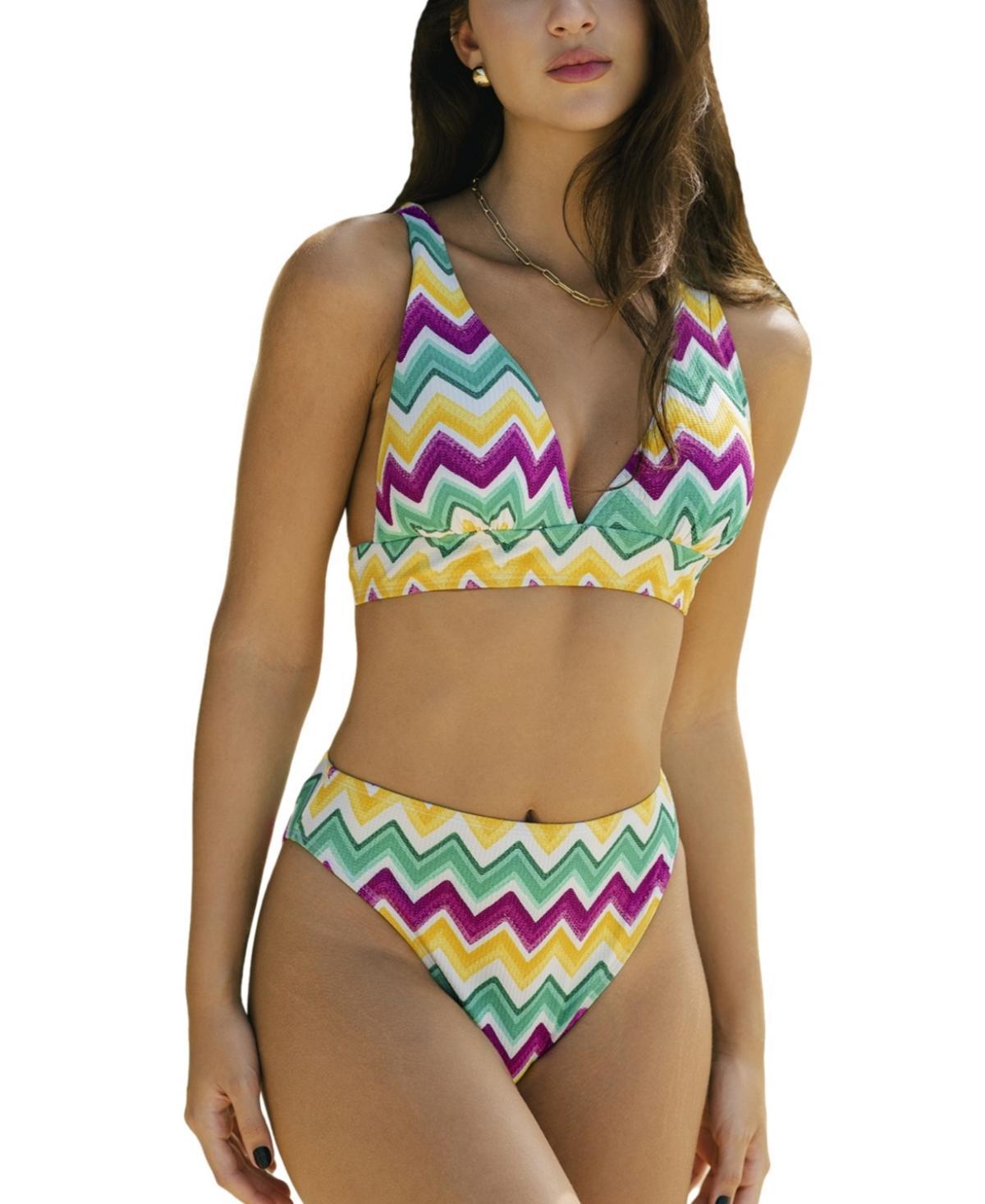 Cupshe Womens Multicolored Ripples Crossback Bikini Top & High-Rise Bottoms Set Product Image