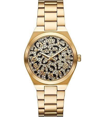 Michael Kors Womens Lennox Crystal Cheetah Three-Hand Gold-Tone Stainless Steel Bracelet Watch Product Image