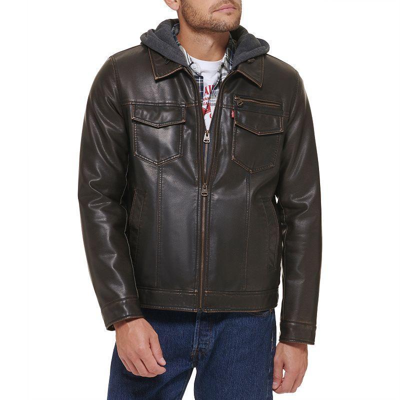 Mens Levis Faux Leather Hooded Trucker Jacket Product Image