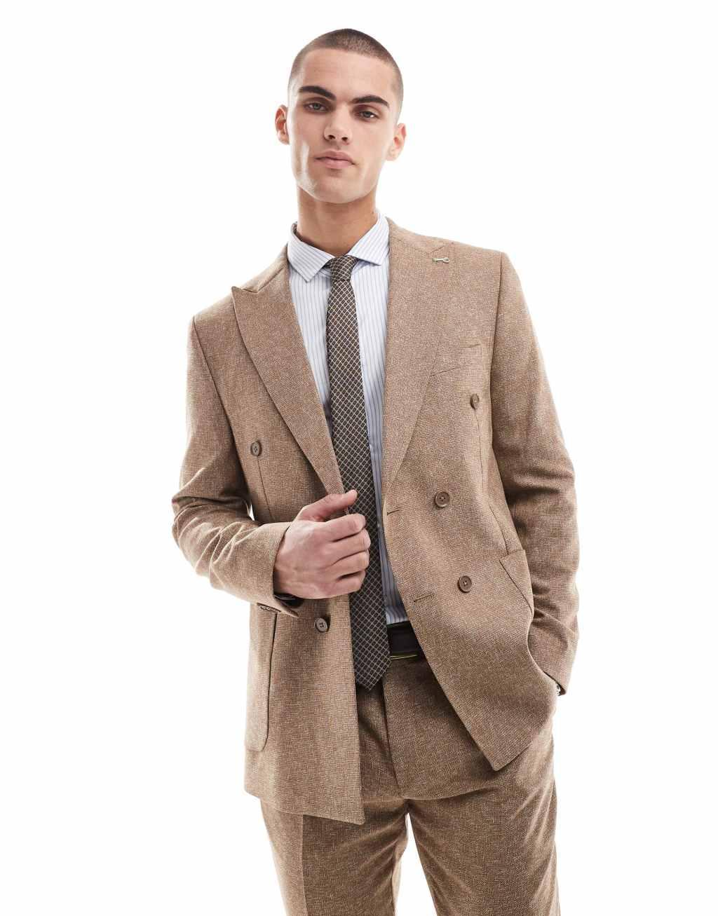 Shelby and Sons double breasted tailored slim blazer in mid brown - part of a set Product Image