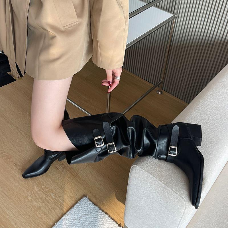 Chunky Heel Plain Buckled Faux Leather Tall Boots product image