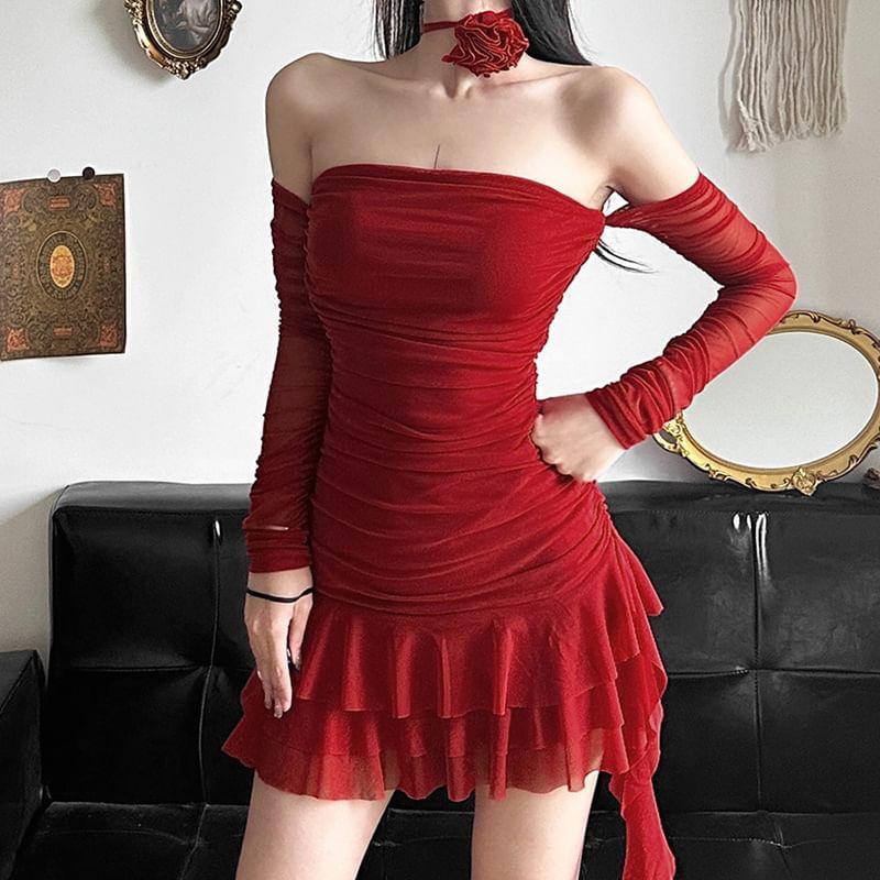 Long-Sleeve Off-Shoulder Plain Asymmetrical Ruffle Ruched Mini Bodycon Dress with Floral Choker Product Image