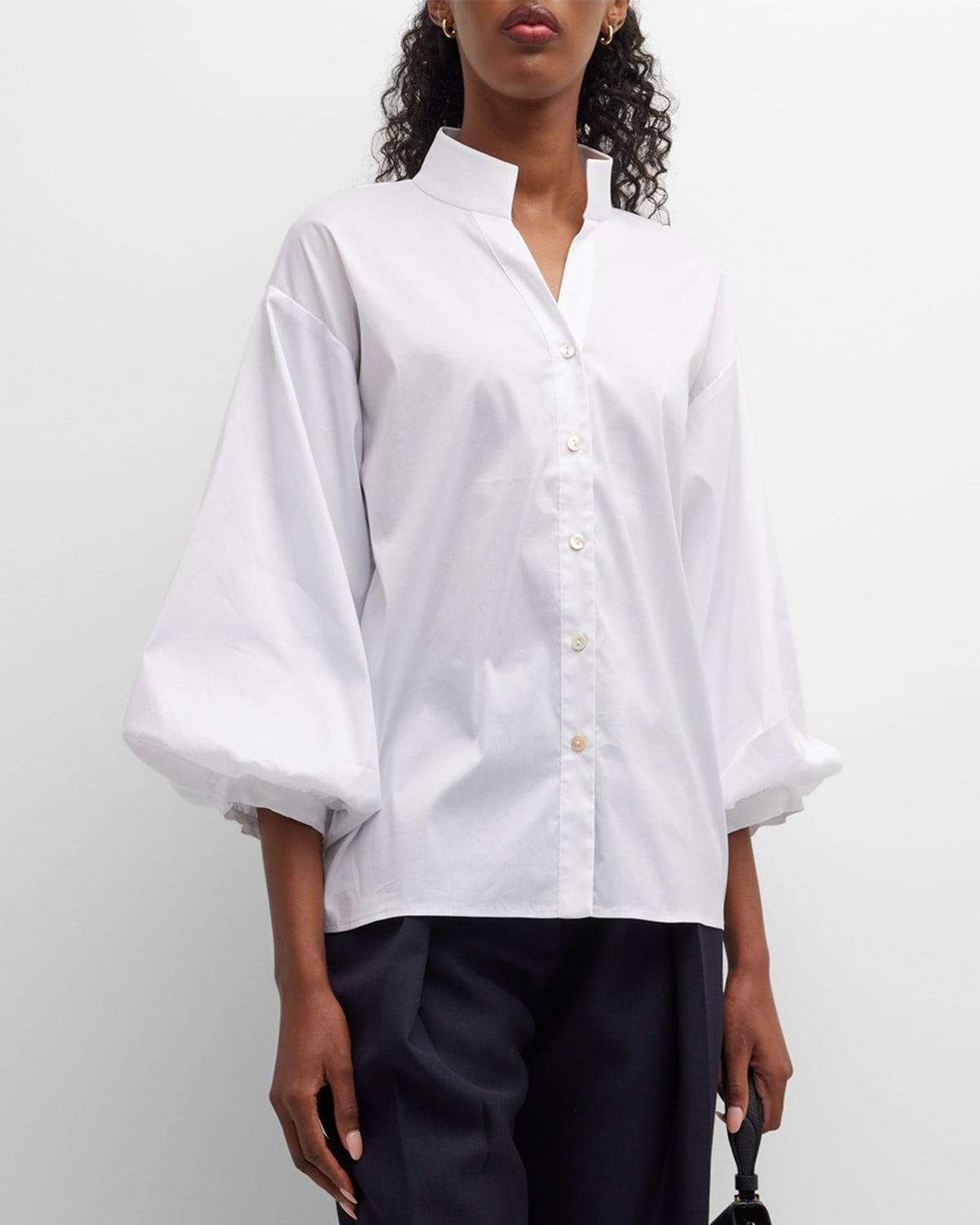 Womens BIshop-Sleeve Cotton Poplin Button-Front Blouse Product Image