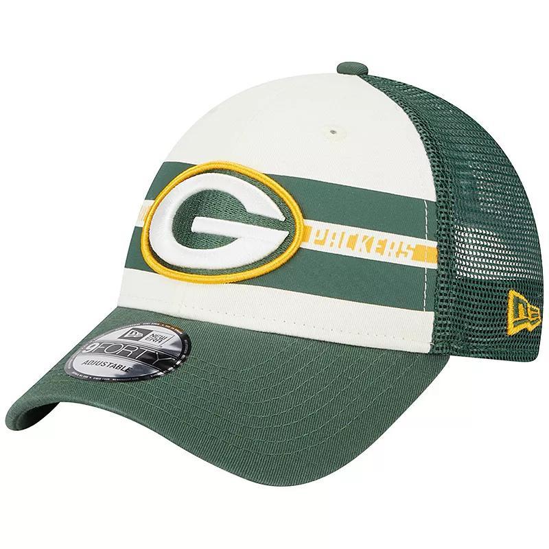 Mens New Era Cream/Green Green Bay Packers Team Stripe Trucker 9FORTY Snapback Hat Product Image