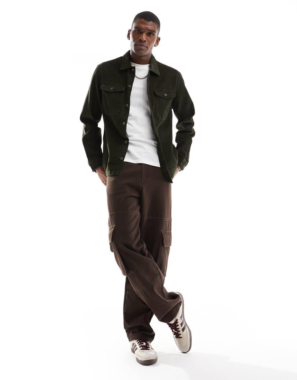 Jack & Jones oversized cord overshirt in khaki Product Image