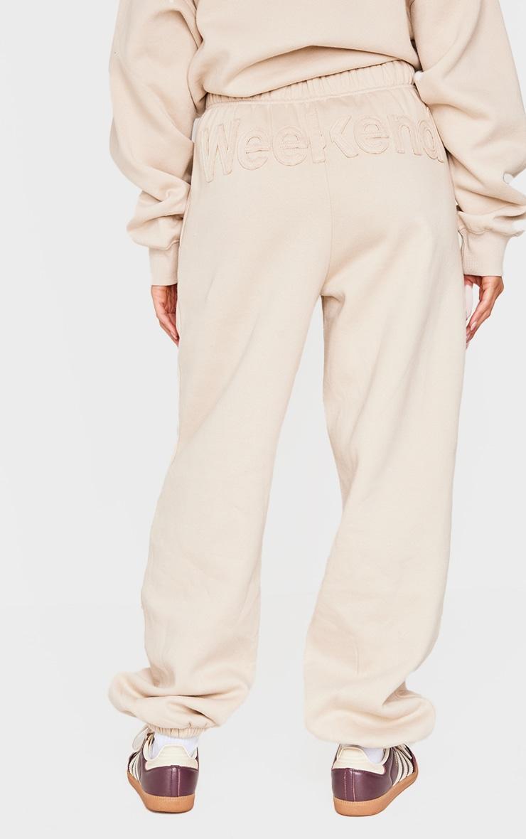 Beige Washed Weekend Applique Thin Waistband Cuffed Sweatpants Product Image