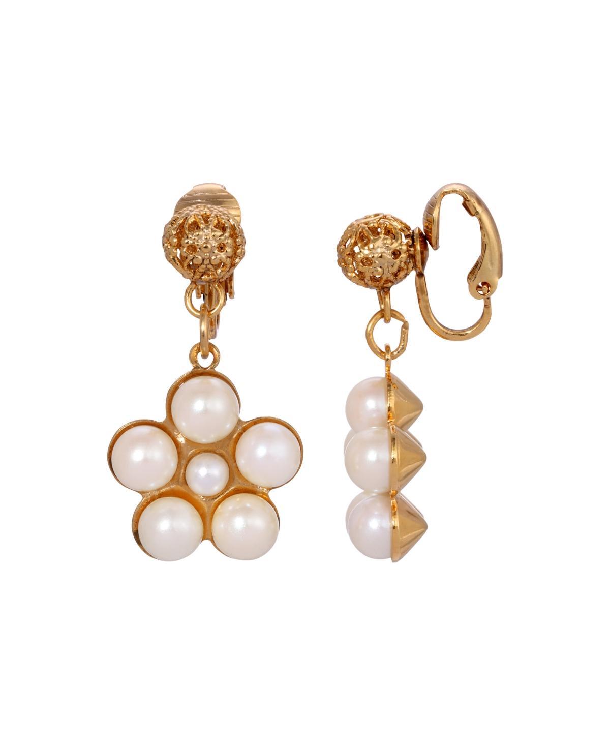 1928 Gold Tone Filigree Faux Pearl Flower Clip-On Earrings, Womens, White Product Image