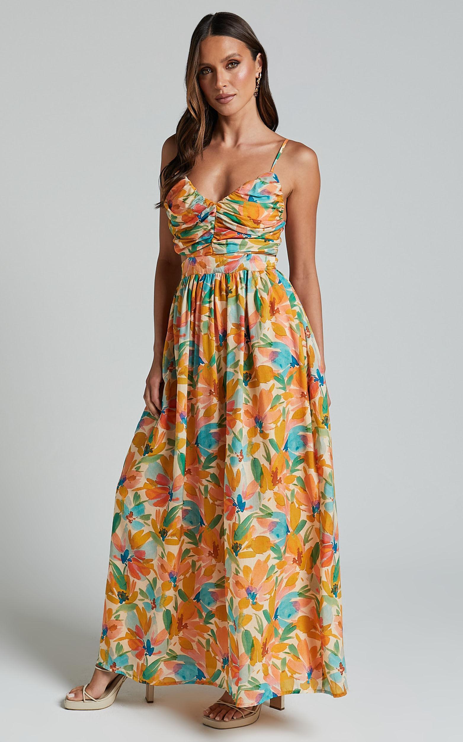 Amalie The Label - Jaida Linen Blend Ruched Cut Out Maxi Dress in Manhattan Print Product Image