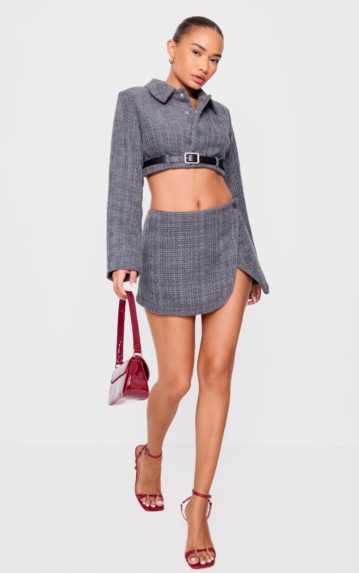 Petite Grey Textured Woven Belt Detail Cropped Blazer Product Image