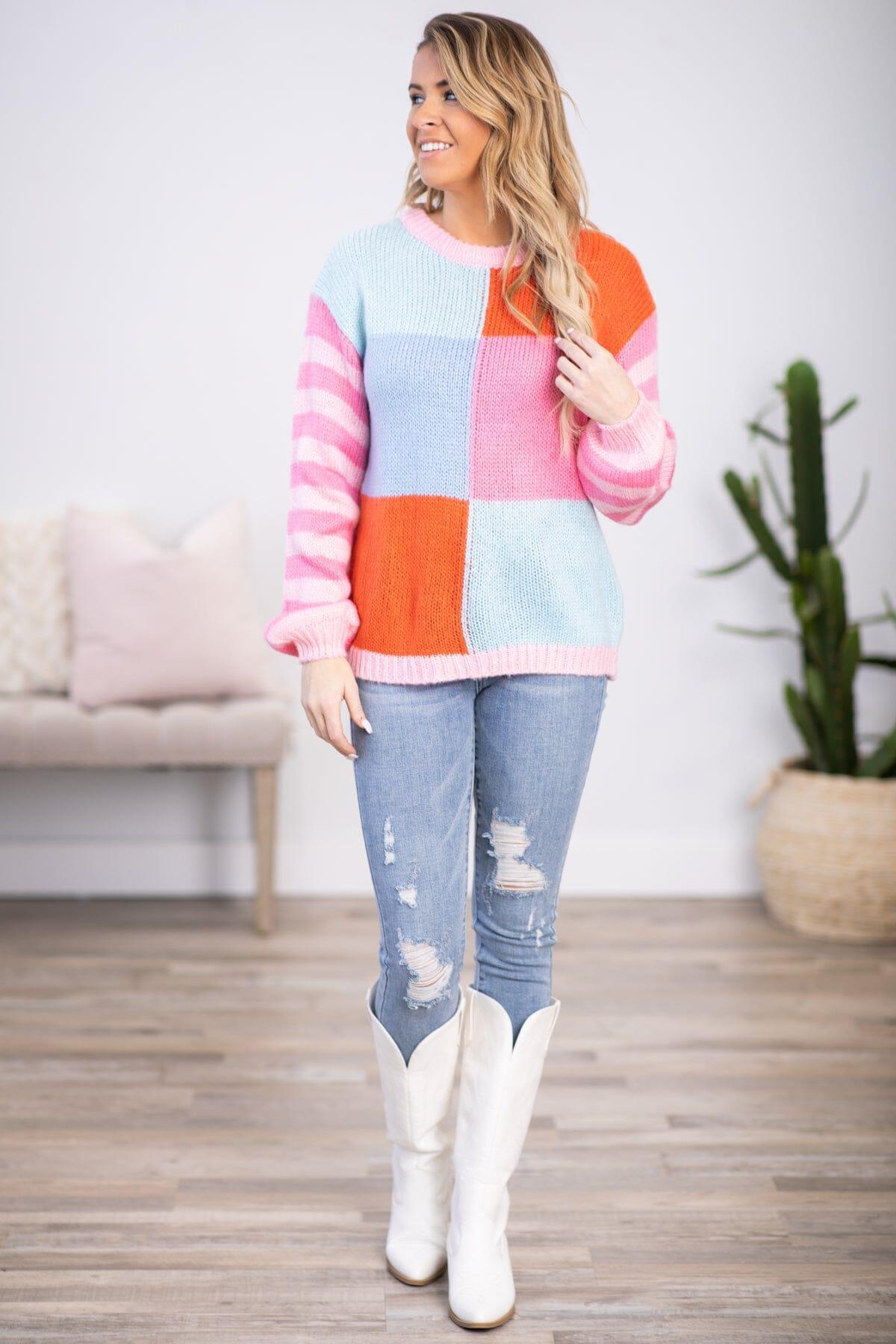 Pink and Blue Colorblock Stripe Sleeve Sweater Product Image