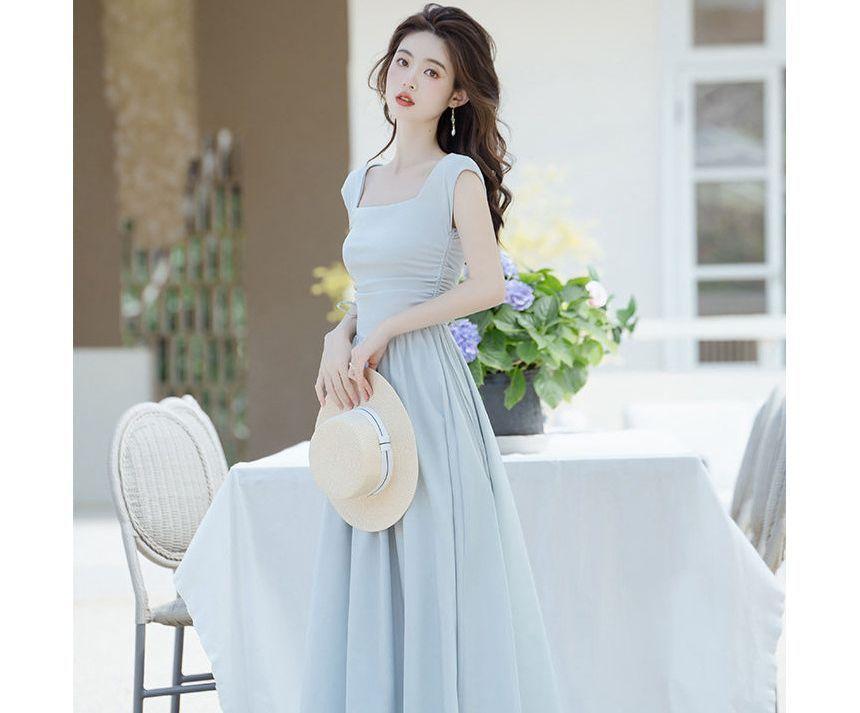 Cap-Sleeve Square Neck Plain Drawstring Maxi A-Line Dress Product Image