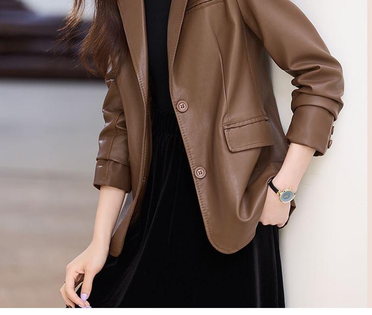 Lapel Collar Plain Faux Leather Single Breasted Blazer Product Image