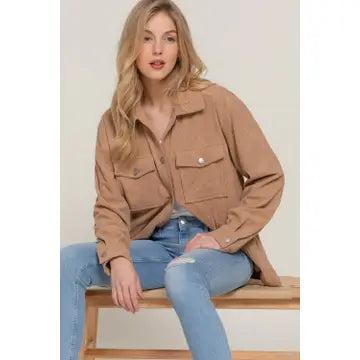 Women's Khaki Long Sleeve Front Pocket Button Down Corduroy Jacket Female Product Image