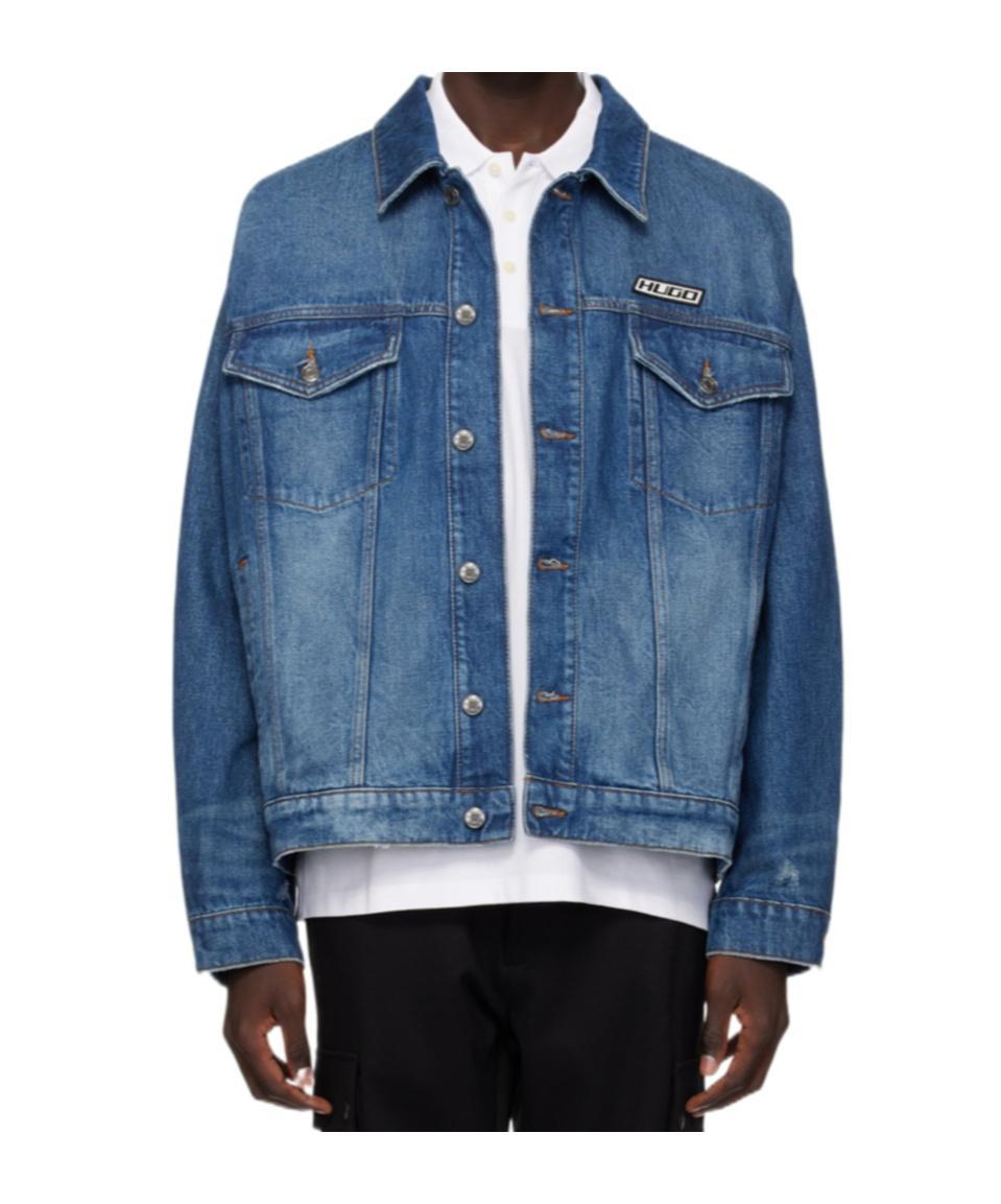 HUGO BOSS Lapel Long-sleeved Denim Coat In Blue Product Image