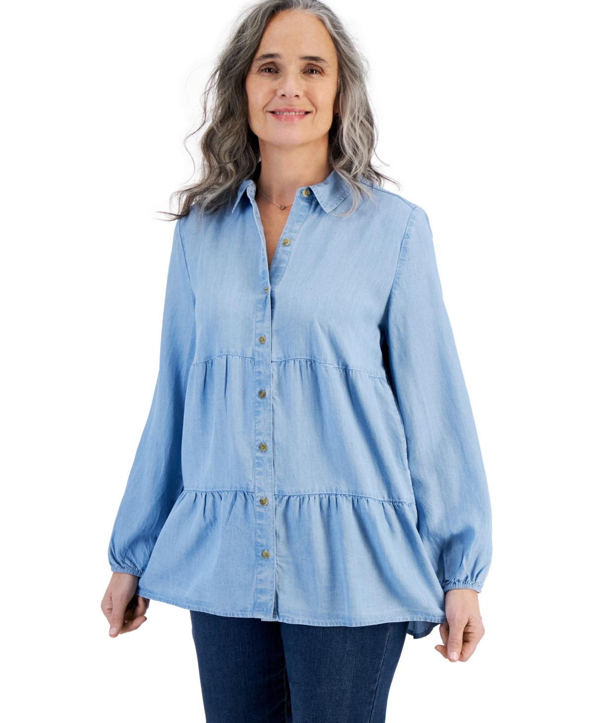 Style & Co Womens Tiered Button-Front Chambray Shirt, Created for Macys Product Image