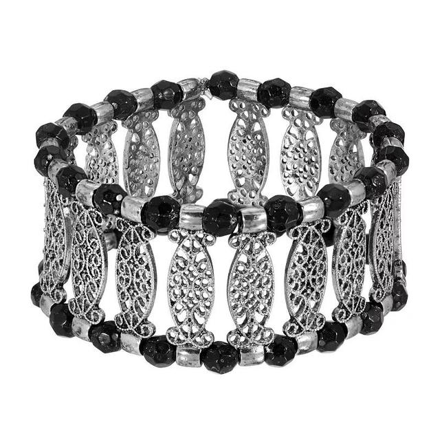 1928 Silver Tone Black Filigree Stretch Bracelet, Womens Product Image