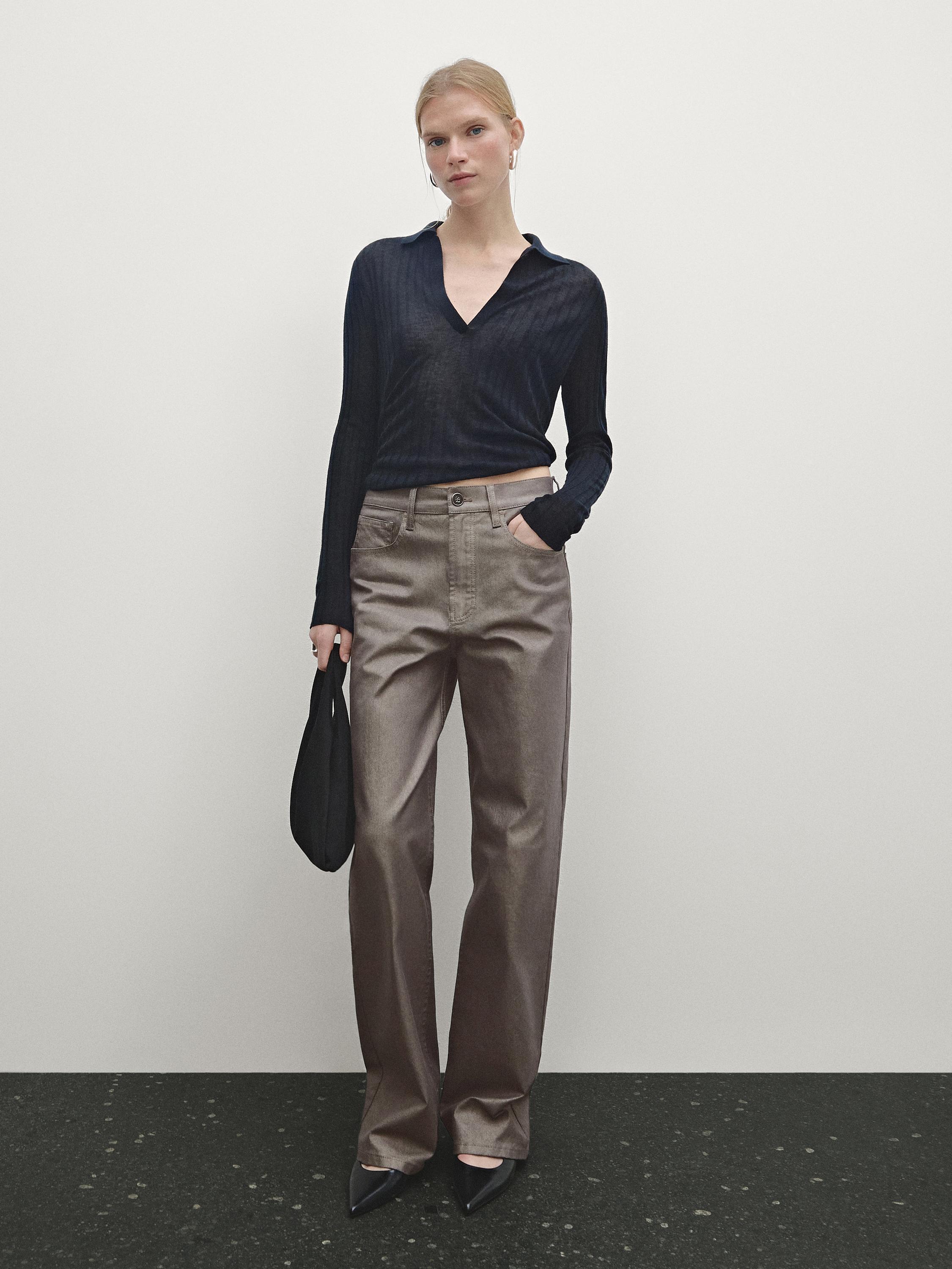 Metallic high-waist straight-leg trousers · Metallic · Dressy  | Massimo Dutti product image