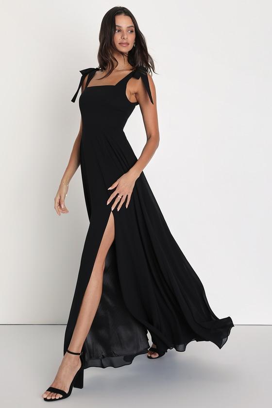 Love Me Forever Black Tie-Strap Square Neck Maxi Dress Product Image