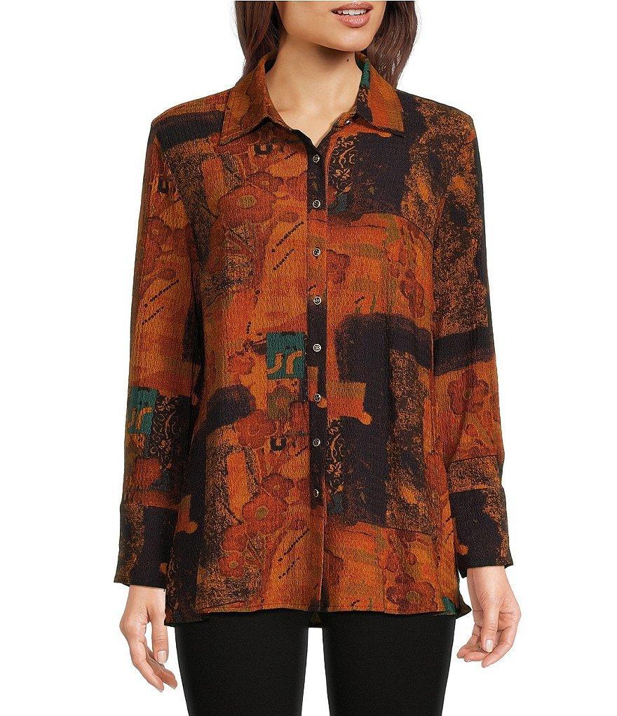 Calessa Mosaic Textured Collared Long Sleeve Button Down Top Product Image