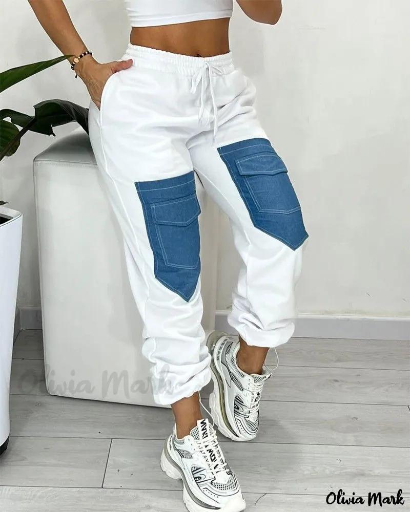 Olivia Mark – Premium Colorblock Drawstring Cargo Pants with Functional Pockets Product Image