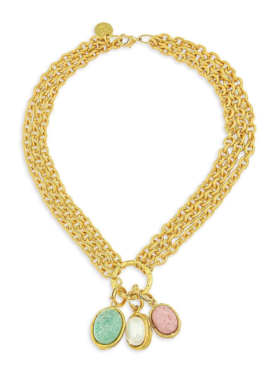 Womens 22K Goldplated, 11MM Oval Pearl, Amazonite & Pink Quartz Charm Necklace Product Image