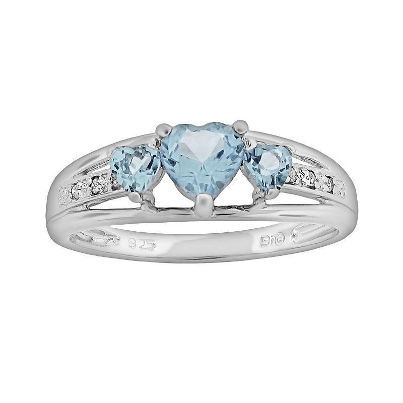 Gemminded Sterling Silver Lab-Created Aquamarine and Diamond Accent Heart 3-Stone Ring, Womens Blue Product Image