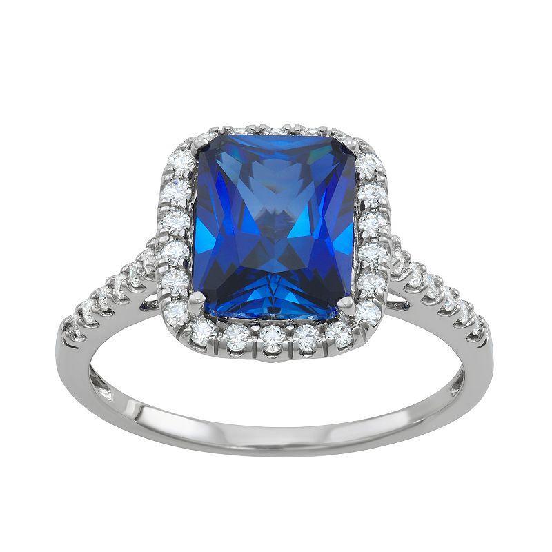 Charles & Colvard 14k White Gold Lab-Created Sapphire & 4 1/2 Carat T.W. Lab-Created Moissanite Halo Ring, Womens Product Image