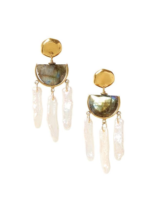 Womens 18K-Gold-Plated, Labradorite & Freshwater Biwa Pearl Chandelier Earrings Product Image