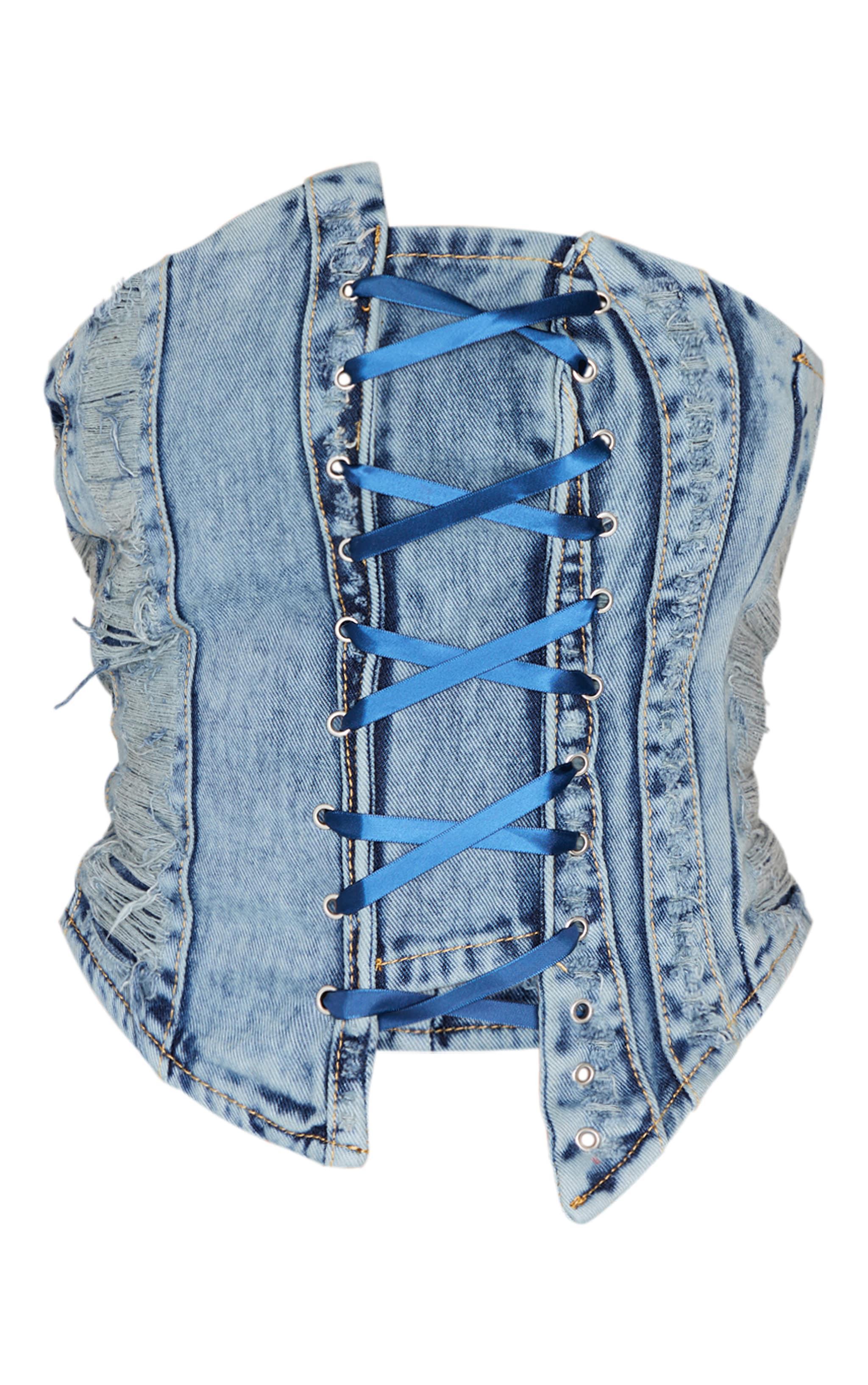 Shape Light Blue Wash Denim Bandeau Distressed Lace Up Detail Corset Product Image