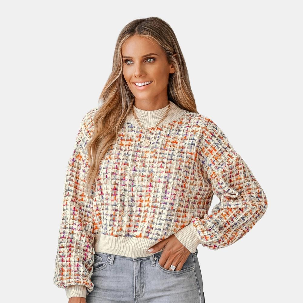 Women's Rainbow Stitching Drop Sleeve Cropped Sweater - Cupshe-L-Multicolored product image