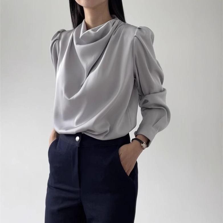 Long-Sleeve Cowl Neck Plain Satin Blouse Product Image