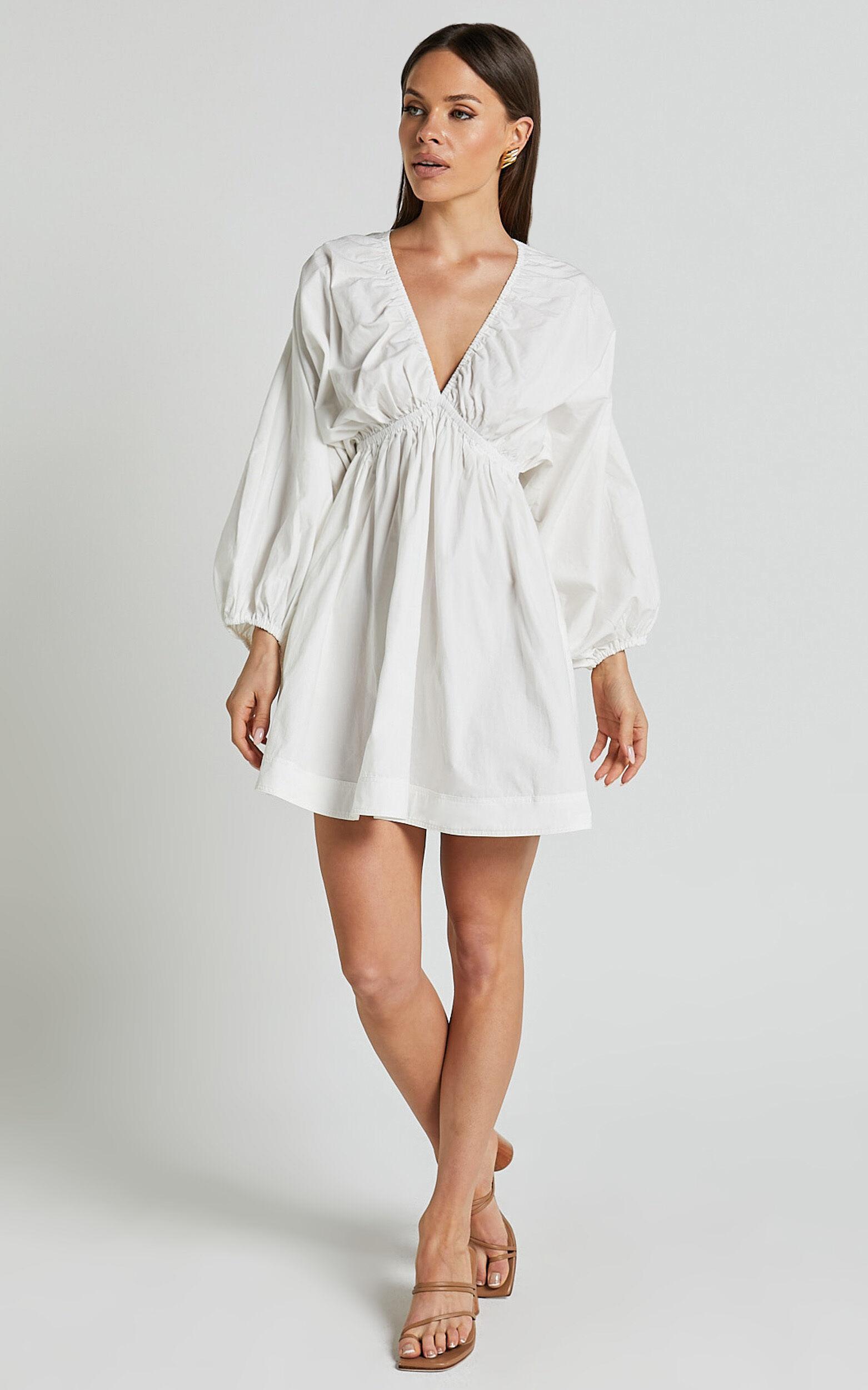 Josette Mini Dress - Plunge Neck Balloon Sleeve Smock Dress in Off White Product Image