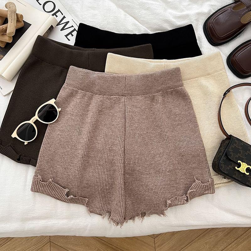 High Waist Plain Distressed Ribbed Knit Shorts Product Image